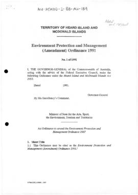Environment Protection and Management (Amendment) Ordinance 1991 of the Territory of Heard Island...