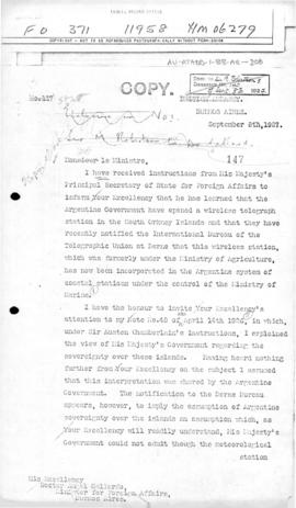 British note to Argentina concerning Argentine notification to the International Bureau of the Te...