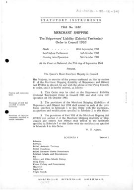 United Kingdom, Shipowners' Liability (Colonial Territories) Order in Council, no 1632 of 1963
