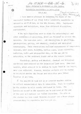 India, Prime Minister Statement on Indian Scientific Expedition to Antarctica