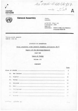 United Nations General Assembly, 39th session, "Question of Antarctica", Views of State...