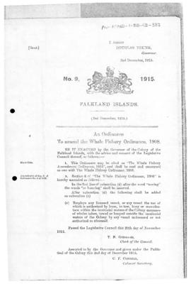 Falkland Islands, Whale Fishery Amendment Ordinance, no 9 of 1915