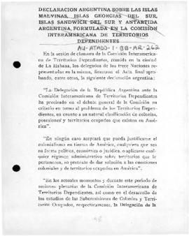 Argentine statement on the Falkland (Malvinas) Islands and Antarctic territories made at the Inte...