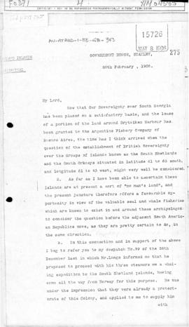 Despatch from the Governor of Falkland Island to Colonial Office concerning British sovereignty i...