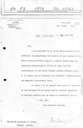Letter from the Admiralty to the Foreign Office concerning the private status of the Scottish Nat...