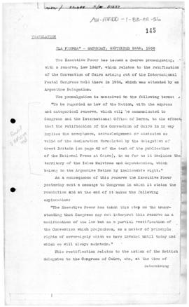 Press article concerning Argentine Law no. 12407 approving the ratification of the Cairo Postal C...