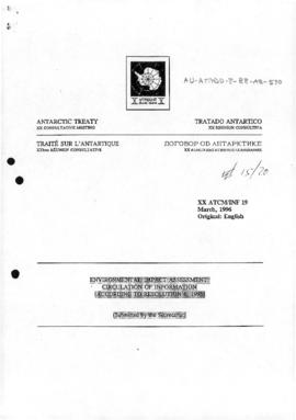 Twentieth Antarctic Treaty Consultative Meeting (Utrecht) Information paper 19 "Environmenta...