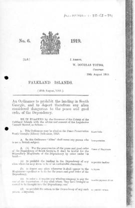 Falkland Islands, Peace Preservation South Georgia (Aliens) Ordinance, no 6 of 1919
