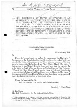 Agreement between the United Kingdom and South Africa concerning the transfer of Marion and Princ...