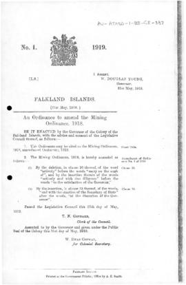 Falkland Islands, Mining Ordinance (Amendment), no 1 of 1919
