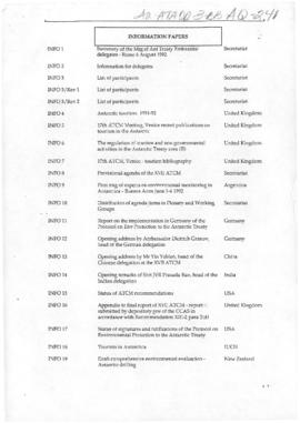 Seventeenth Antarctic Treaty Consultative Meeting, Venice, Non-paper 88, untitled document listin...