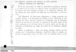Argentine note to Chile reserving its rights in response to Chilean stamps depicting territories ...