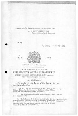 Falkland Islands Dependencies, Application of Colony Laws Ordinance, no 3 of 1960