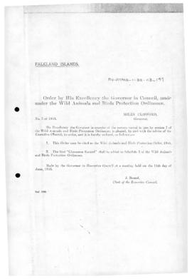 Falkland Islands, Wild Animals and Bird Protection Order in Council, no 5 of 1953