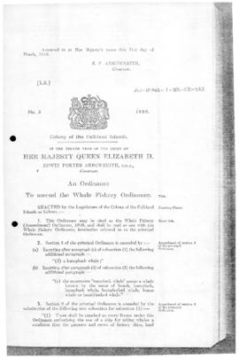 Falkland Islands, Whale Fishery (Amendment) Ordinance, no 3 of 1959