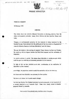 New Zealand, Prime Minister, press statement "Antarctica" concerning the Antarctic mine...
