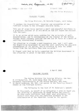 Australia, statements by Prime Minister and Minister for Foreign Affairs, concerning the Falkland...
