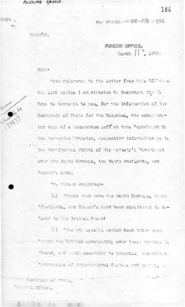 Foreign Office letter to Colonial Office concerning British claim to the South Orkney and South S...
