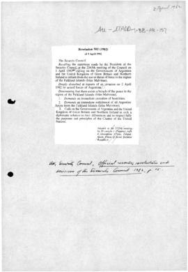 United Nations Security Council resolution 502 (1982) concerning the armed intervention in the Fa...