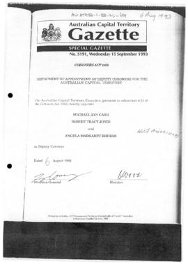Australian Capital Territory, Gazette, Coroners Act 1956, appointments