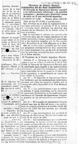 Argentina, Decree no. 5,106 concerning fishing permits in Argentine territorial waters.