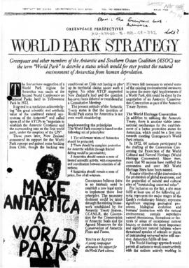 Greenpeace "World Park strategy" from May, J ed. The Greenpeace book of Antarctica (Chi...