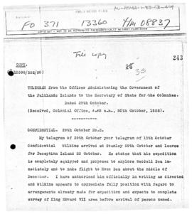 Telegram to the British Colonial Office concerning authority given to Hubert Wilkins to make claims