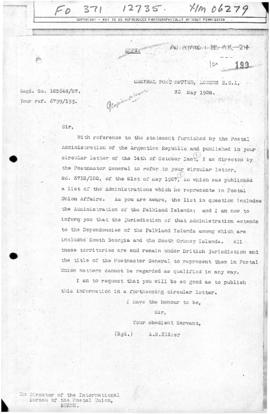 British note to the International Bureau of the Universal Postal Union affirming British title to...
