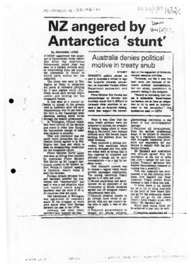 Press article "NZ angered by Antarctica 'stunt'" The Dominion; and related articles bet...
