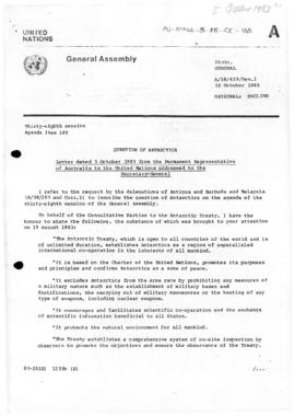 United Nations General Assembly, Thirty-Eighth Session, Question of Antarctica - letter from Aust...