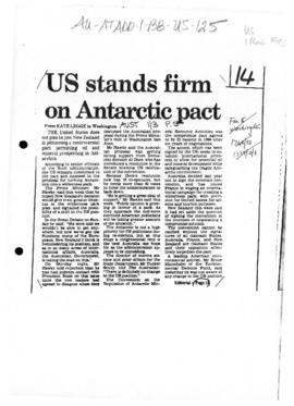 Press article "US stands firm on Antarctic pact" Kate Legge, and related article