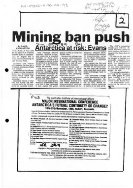 Press article "Mining ban push - Antarctica at risk: Evans" The Sun