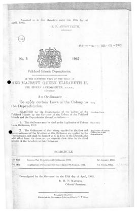 Falkland Islands Dependencies, Application of Colony Laws Ordinance, no 3 of 1962