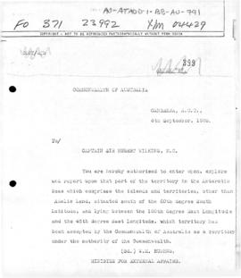 Australia, Department of External Affairs correspondence with Sir Hubert Wilkins concerning explo...