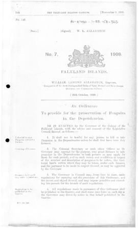 Falkland Islands, Penguin Preservation (Dependencies) Ordinance, no 7 of 1909