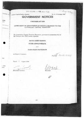 Commonwealth of Australia Gazette, Notice of Appointments of Deputy Coroners for the ACT