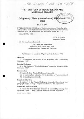 Territory of Heard Island and McDonald Islands, Migratory birds (Amendment) Ordinance 1988