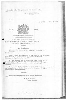 Falkland Islands Dependencies, Whale Fishery (Amendment) (No. 2) Ordinance, no 5 of 1960
