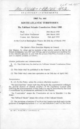 United Kingdom, South Atlantic Territories, Falkland Islands Constitution Order 1985