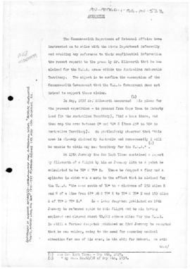 Note confirming claims made for the United States by Ellsworth within the Australian Antarctic Te...
