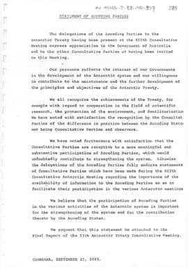 Twelfth Antarctic Treaty Consultative Meeting (Canberra) Non-paper "Statement of acceding pa...