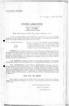 Falkland Islands, Proclamation under the place-names Ordinance, no 1 of 1961