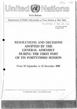 United Nations Press Release "Resolutions and Decisions Adopted by the General Assembly duri...