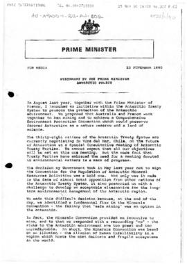 Australia, Prime Minister (Bob Hawke) "Statement by the Prime Minister Antarctic Policy"