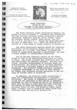Tenth Antarctic Treaty Consultative Meeting (Washington) Non-paper "Press communique issued ...