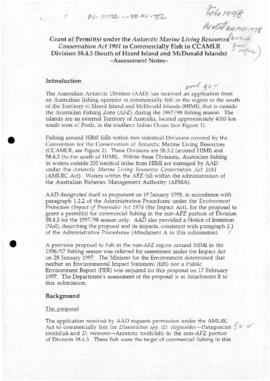 Australian Antarctic Division, Assessment Notes on grant of permit to commercially fish south of ...