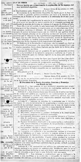 Argentina, Law no. 17,500 promoting the exploration of the resources of the Argentine territorial...
