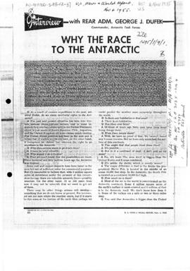 Press article "Why the Race to the Antarctic", interview with Admiral Dufek in US News ...