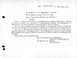 Decree attaching French Antarctic territories to the Government General of Madagascar