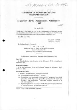 Heard Island and McDonald Islands, Migratory birds (Amendment) Ordinance 1982